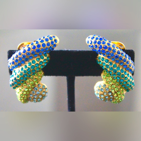 TARA EARRINGS CLIP ON VINTAGE GOLD GREENS BLUE AUSTRIAN CRYSTAL SAMPLE 90’s - Picture 2 of 7